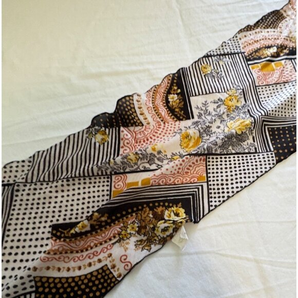 Vintage 60s Floral Scarf Geometric Scarf Black White Brown Retro Patchwork - Picture 6 of 7